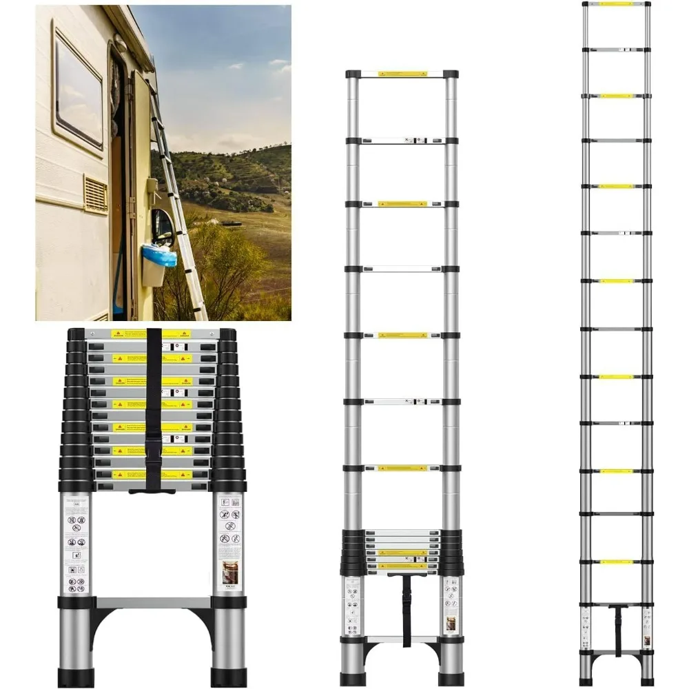 14.5FT Telescoping Ladder, Aluminum Extension Ladder with Non-Slip Feet, Lightweight Portable Attic Ladder, Heavy Duty RV