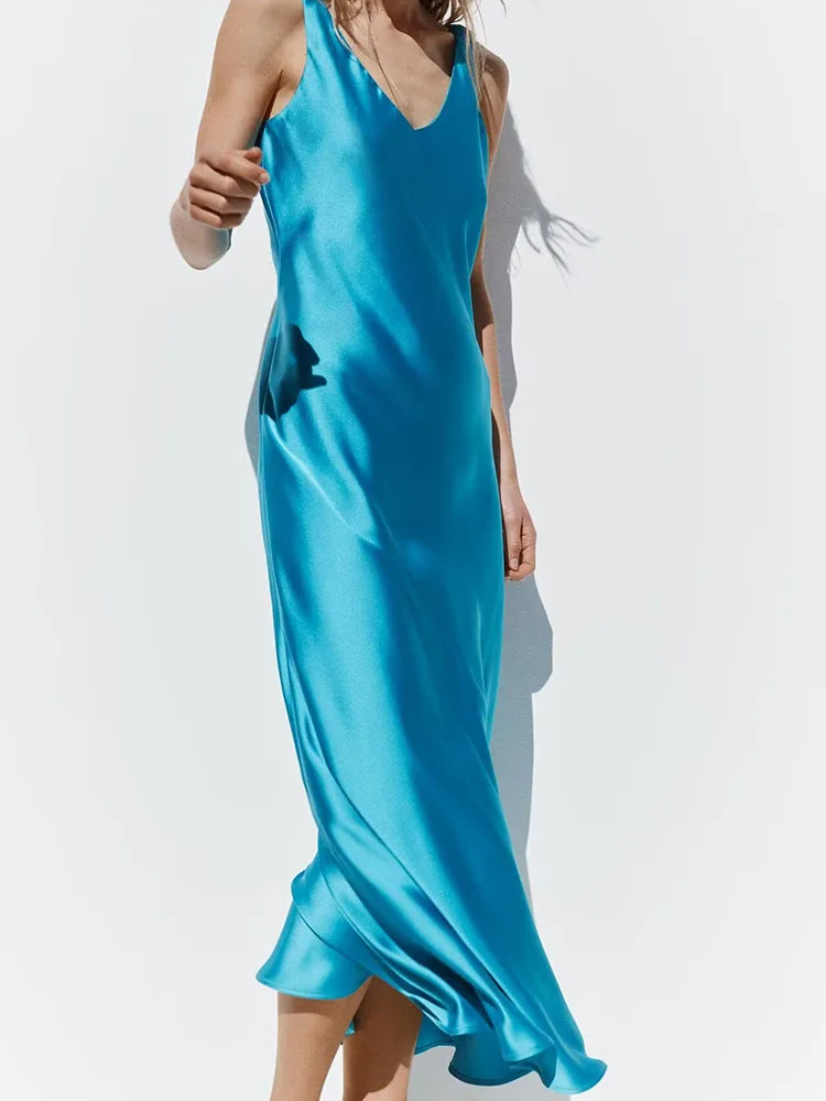 فستان نسائي أنيق من الساتان الحريري بدون أكمام من Spring New Arrival، فستان ميدي بخصر عالٍ ورقبة على شكل حرف V، قطعة واحدة