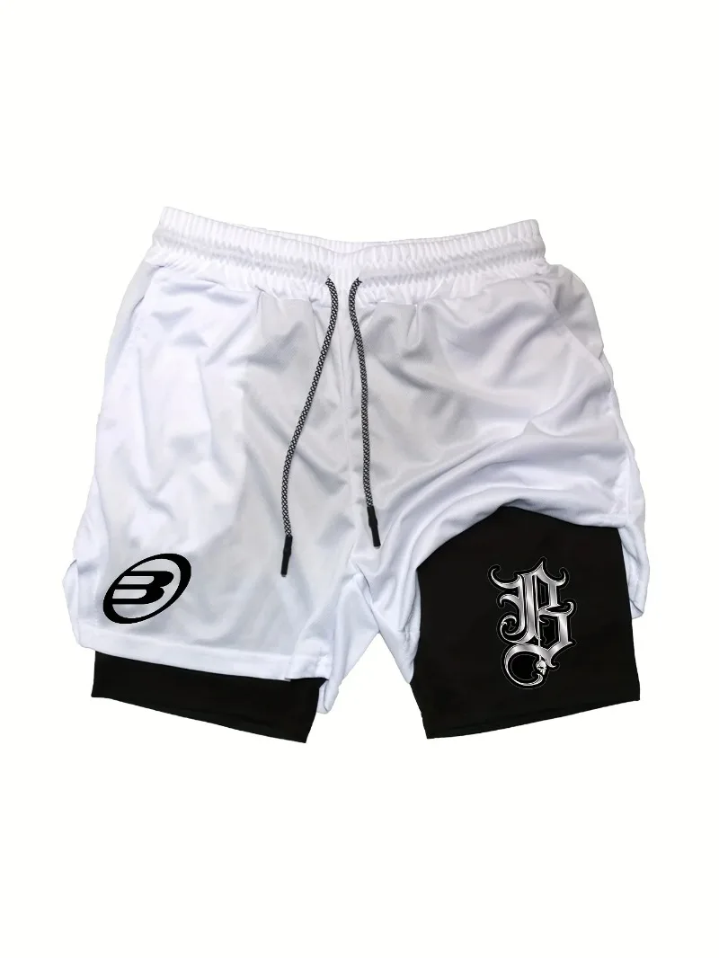 Men'S Quick-Dry Athletic Shorts Summer GYM High-Elasticity Mesh with Print Design Breathable Running with Pockets 2in1 Joggers