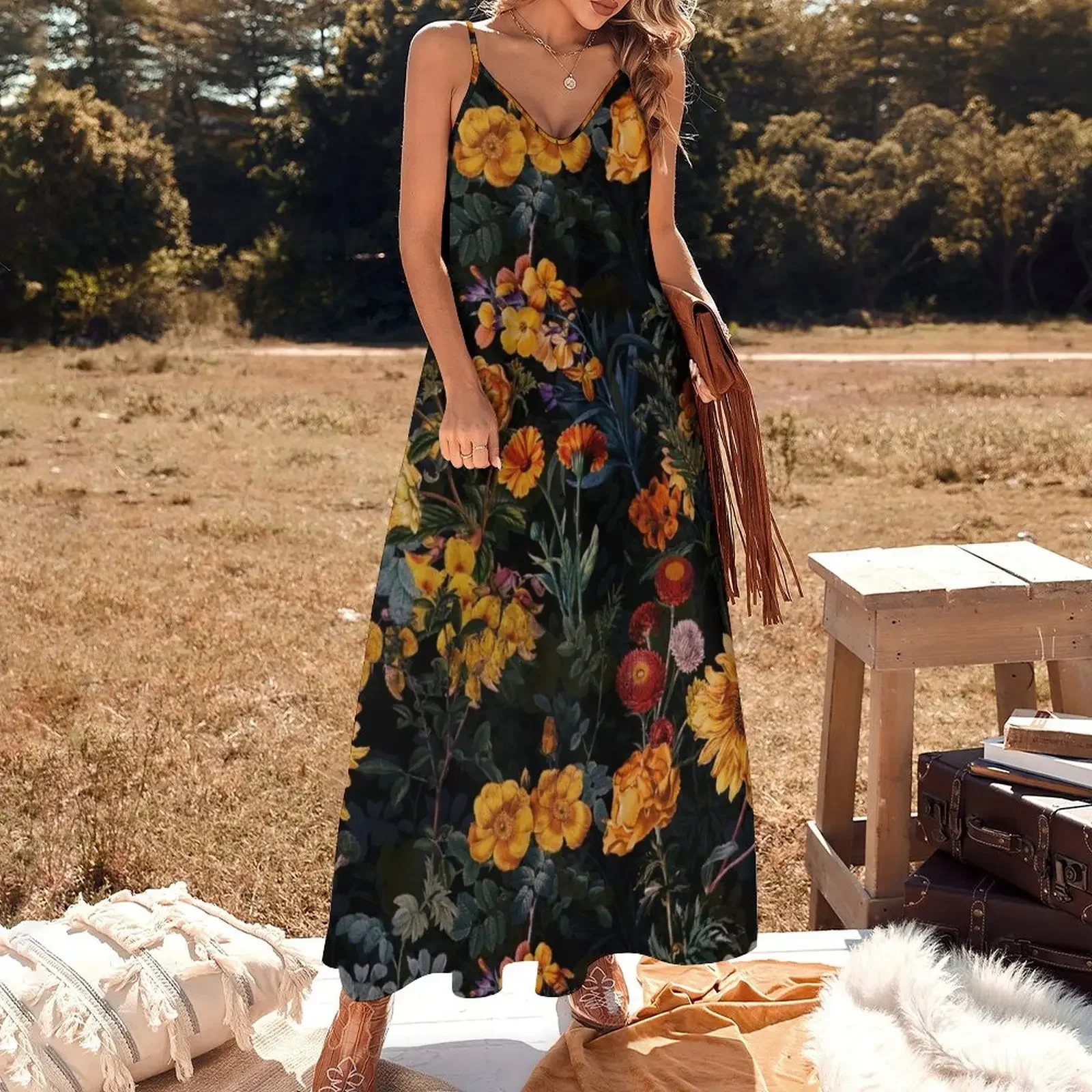 Vintage Botanical Golden Night Garden Sleeveless Dress Women's summer long dress women long dresses Dress