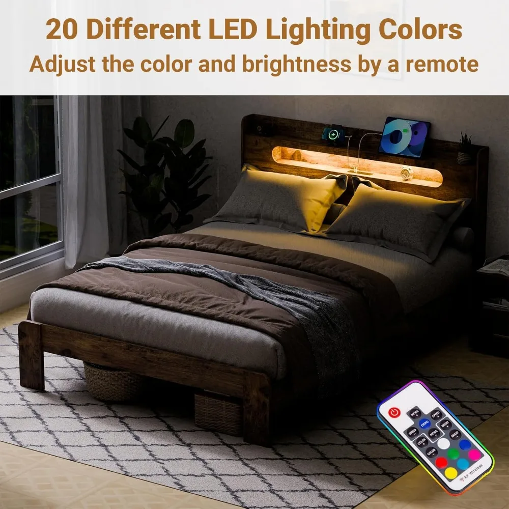 Bed Frame with LED Lights Headboard,Charging Station with 2 USB Ports 2 AC Outlets,Sturdy Wood Framework,Edge Rectangular Slot