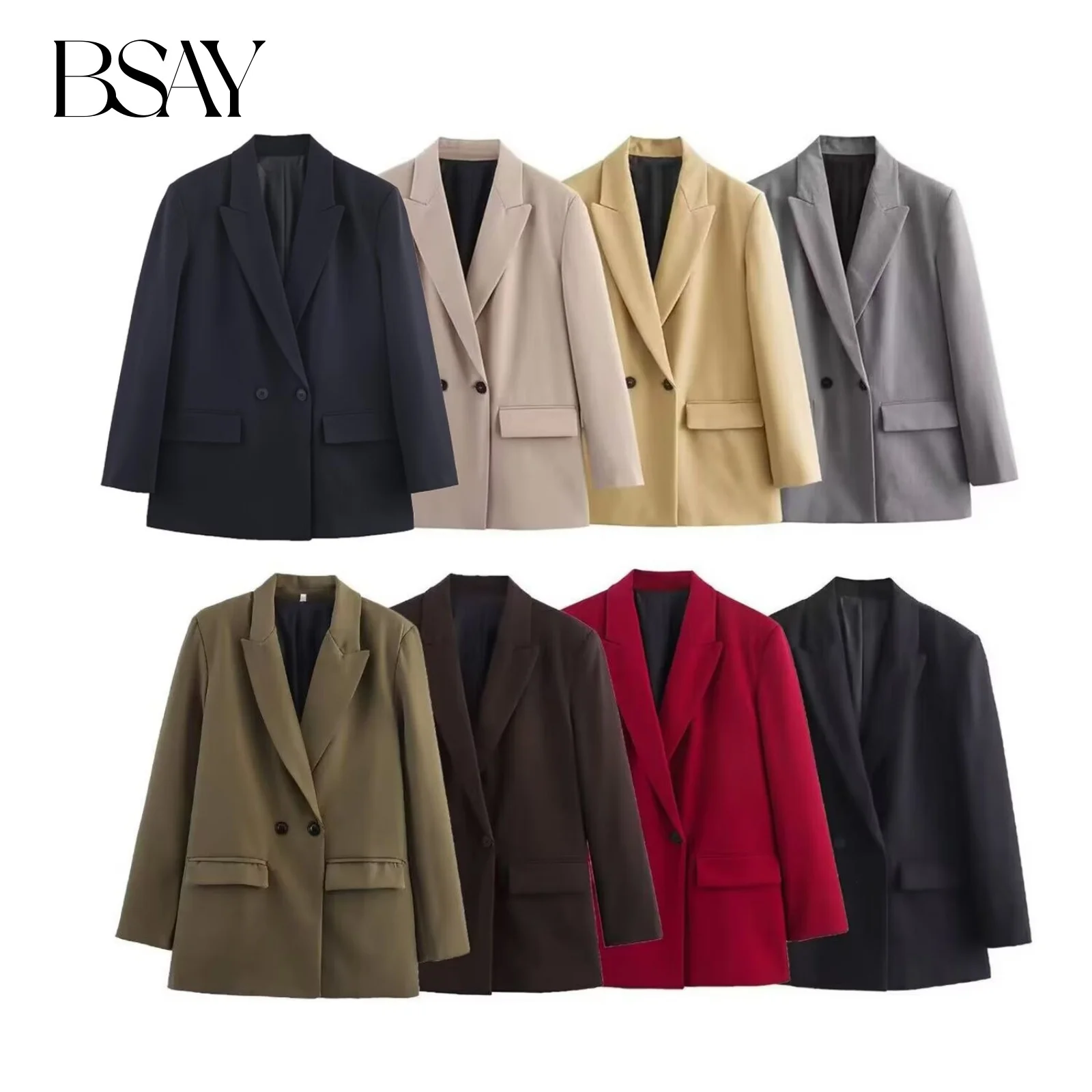 

BSAY Women Fashion Lapel Loose Double Breasted Suit Jacket Solid Color Flip Pocket Long Sleeve Blazers Chic Office Lady Outfits