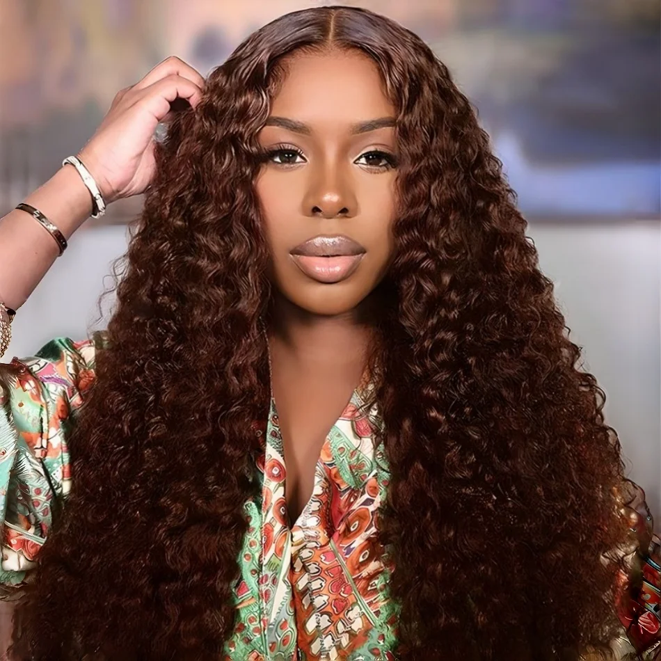 

Шоколадно-коричневый парик с кружевной застежкой 13x4, цветные кудрявые парики из натуральных волос, глубокая волна, парик с кружевной застежкой 13x6 HD для женщин, 30-36 дюймов