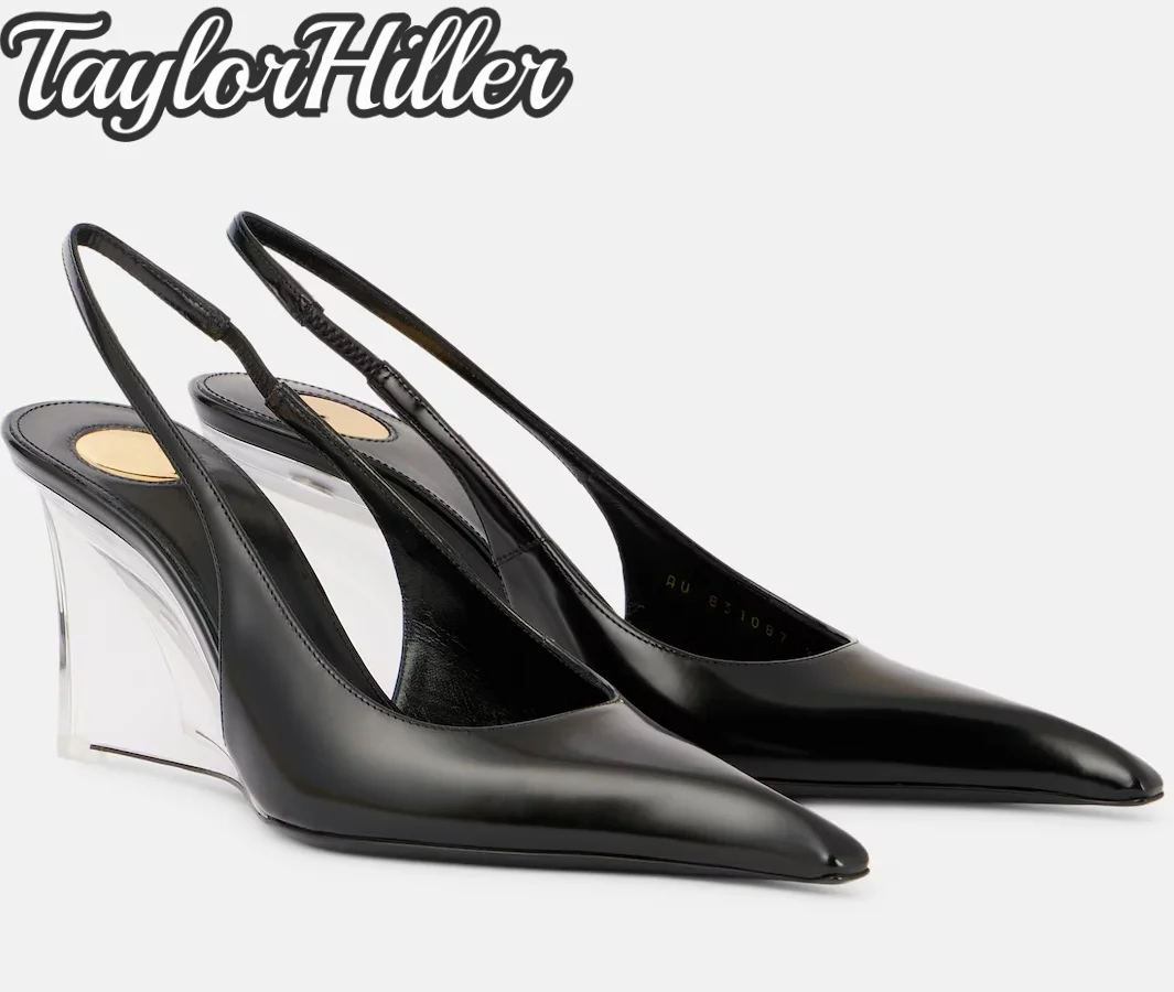 Slingbacks Brown Patent Leather Wedges Sandals Luxury Pull On Transparent High Heels Summer Sexy New Solid Black Shallow Shoes