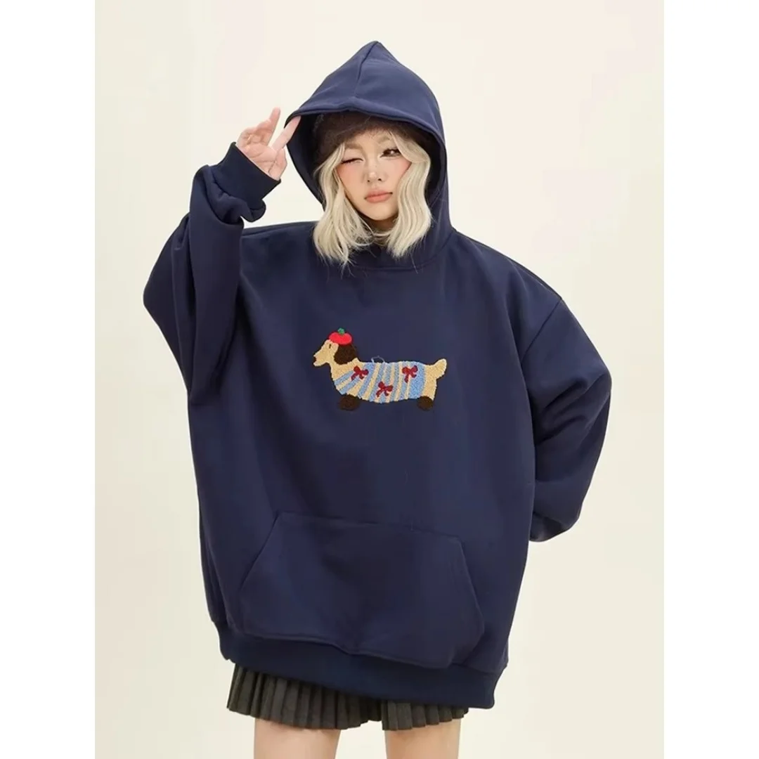 Niedlicher Hoodie mit Dackelmuster für Damen, Herbst, süßer Cartoon-Print, Kapuzenpullover für Streetwear, Alltags- und Freizeitoutfit – Detail 6