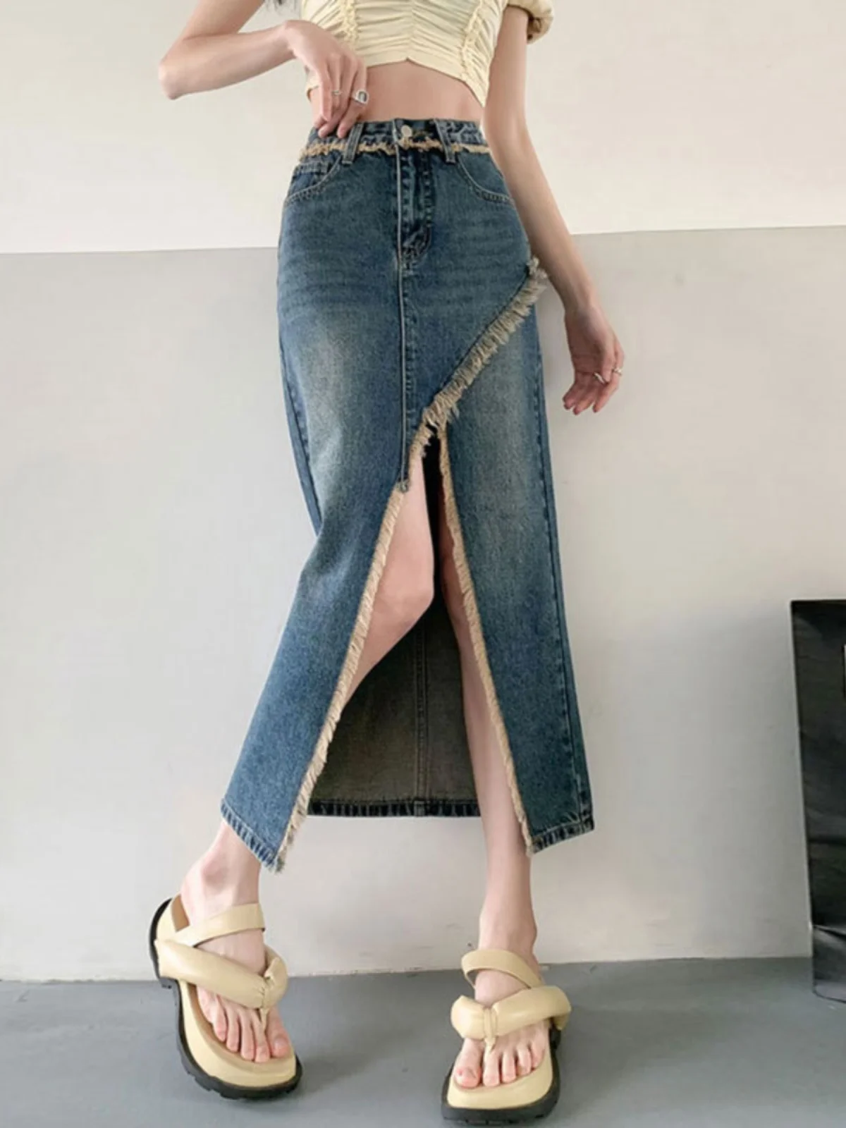 

Women's Blue Gothic A-line Denim Skirt with Slit Vintage Y2k Long Cowboy Skirts Harajuku Korean Jean Skirt 2000s Clothes Summer