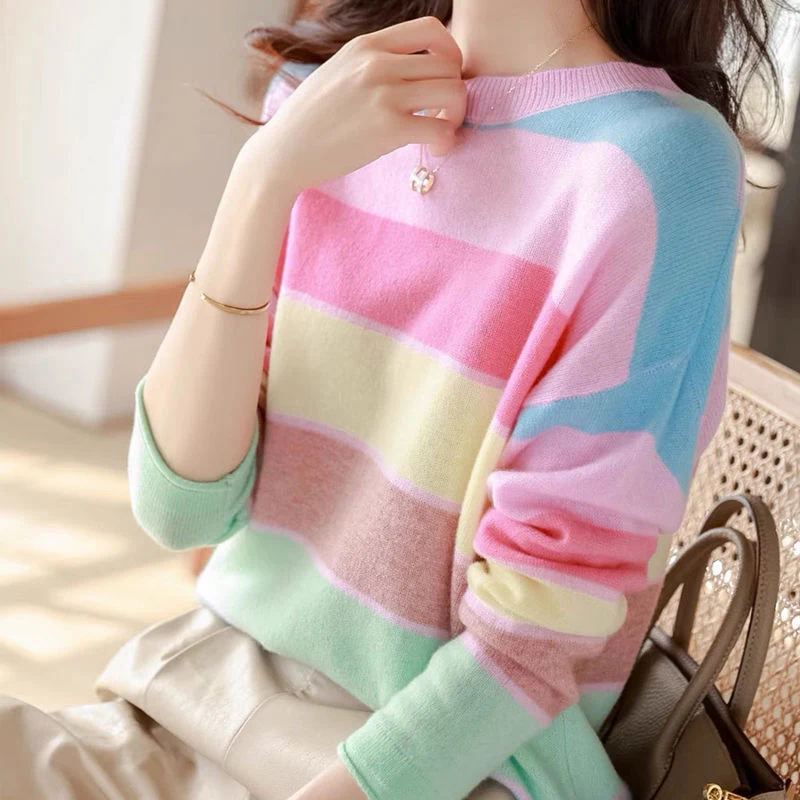 Rainbow Striped Round Neck Slim Sweet Korean Knitwear Women Spring Autumn Casual Long Sleeve Pullover Tops Chic Knitted Sweaters