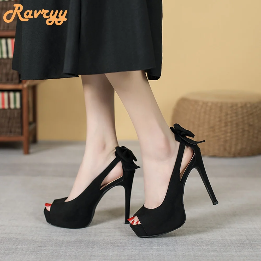 

Black Suede Peep Toe Sandals Shallow Stiletto Heel Platform Sandalias Square Toe Slip On Butterfly Knot Women Sandals Pumps