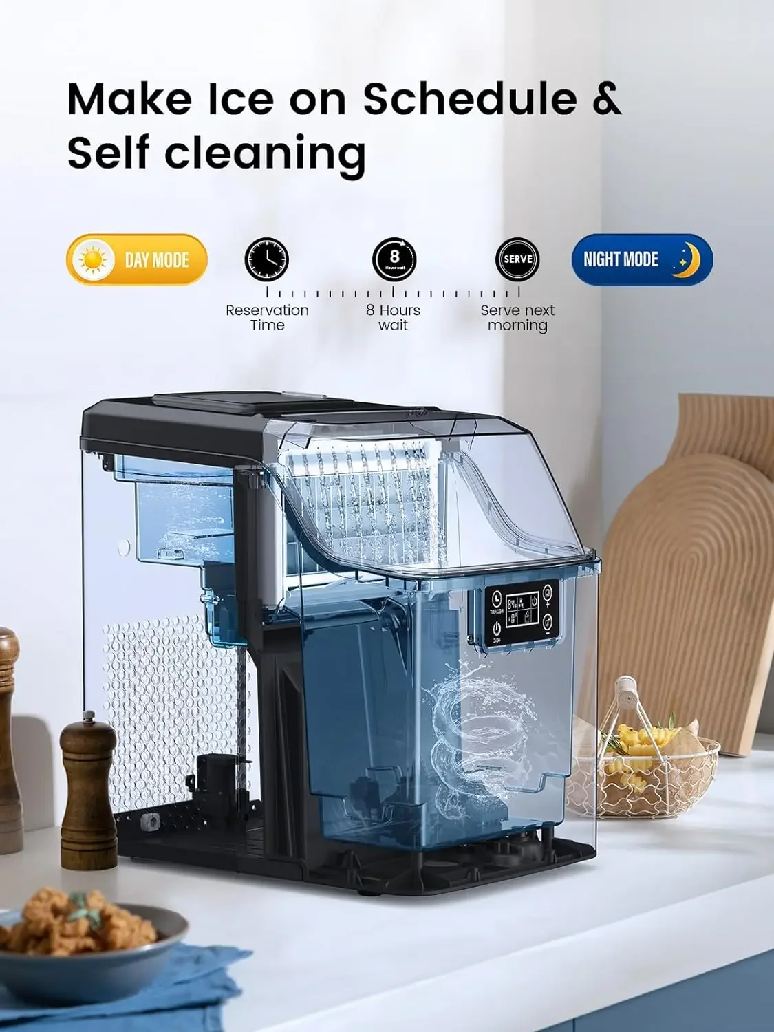 Self Cleaning Ice Maker for RV, Countertop 45lbs Ice Maker with 2-Ways Add, Ice Size Control and 24H Timer - Efficient Party Ice