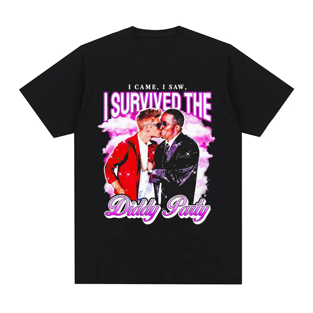 I Survived The P. Diddy Party Funny Meme T Shirt Men Women Cotton Cozy Oversized T-shirts Fashion Vintage Short Sleeve T Shirts