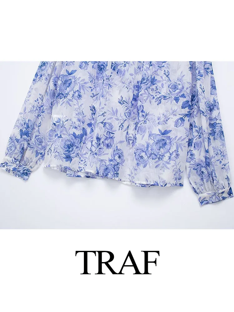 TRAF Spring Female New Chic Casual Ruffled Floral Print Single Breasted Blouse Woman Long Sleeve Lace Up Decoration Shirts