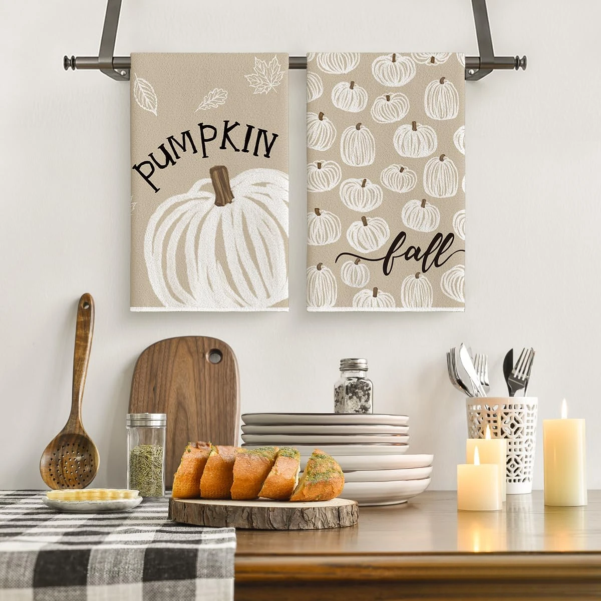 Cleaning rags 2-piece, neutral beige sketch pumpkin fall kitchen towel