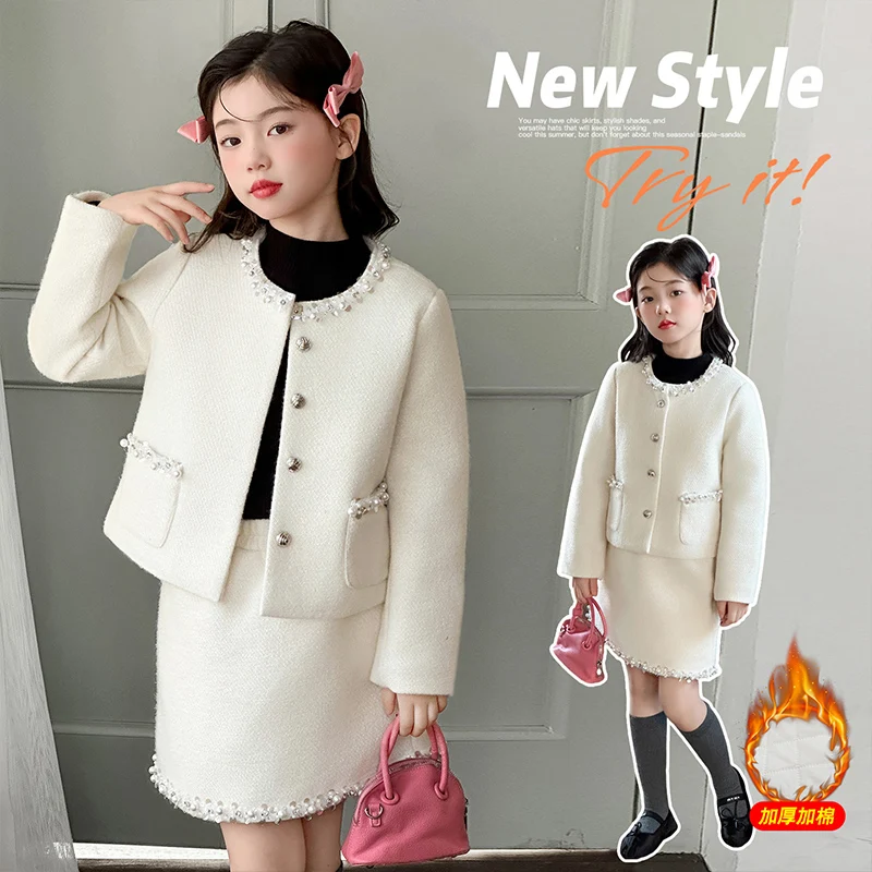 4-14 new years French chic red teen girls clothes set pearl thick cotton coat+skirt 2pcs High-end junior kids suit child outfits