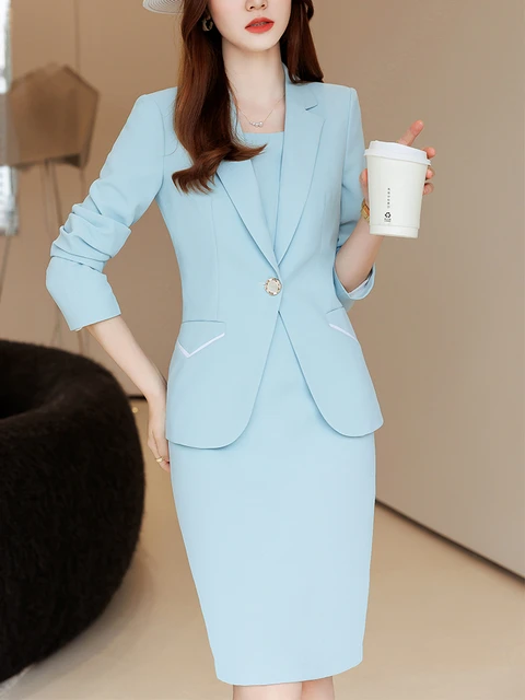 Ensemble 2 pieces jupe et blazer pour femme tenue chic habit formel de couleur unie avec bouton unique de couleur rose pour le bureau