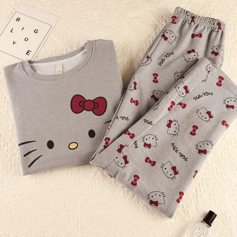 طقم بيجامة نسائي شتوي رقيق من Hello Kitty لعام 2025 بأكمام طويلة ملابس نوم حرارية خفيفة الوزن وملابس منزلية للاستلقاء #3