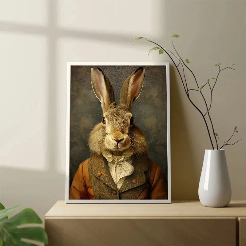 Rabbit Vintage Portrait Renaissance Animal Head Human Body Funny Wall Art Posters Prints Canvas Painting for Room Home Decor