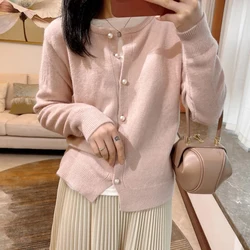 Aesthetic Pink Knitted Cardigan Women Autumn Warm O-Neck Long Sleeve Knit Sweater Korean Chic Solid Casual Button Jumper Female