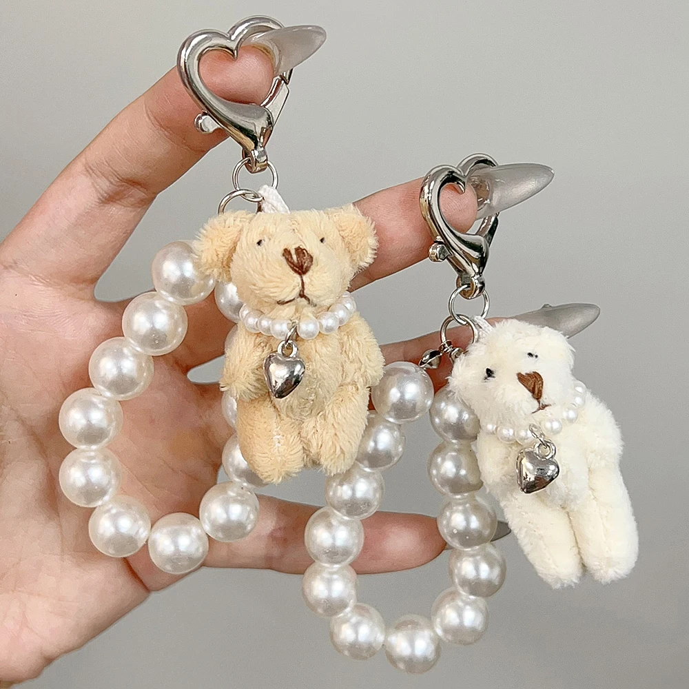 Fashion Pearl Keychain Charming Conjoined Teddy Bear Phone Chain Keychain Car Keys Women Handbag Phone Accessories Heart Keyring