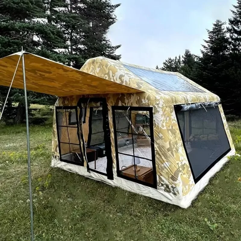 #￥Luxury Double Layer Oxford PVC Inflatable Winter Tent for Family Outdoor Camping with Two Bedrooms and Canopy
