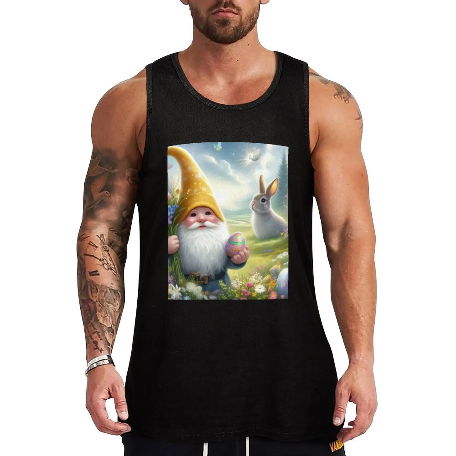 

gnome with flowers and with egg happy magical easter landscape Tank Top running shirt underwear male top Men's sleeveless