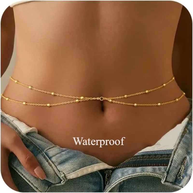 Image of Taillenkette für Damen, wasserdicht, 14 Karat vergoldet, Edelstahl, geschichtete Bauchkette, sexy Bikini-Satellitenperlen, Körperschmuck