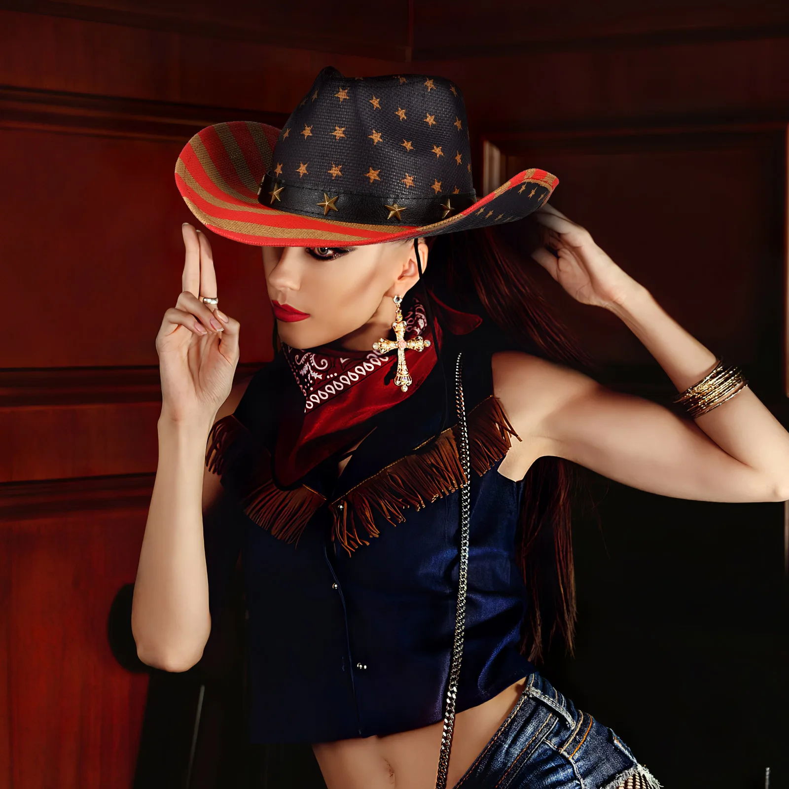 

Cowboy Straw Sun Hat Retro Fashion Breathable Lightweight Decorative Hats American Flag Hat Multi-functional One Size Fits Most