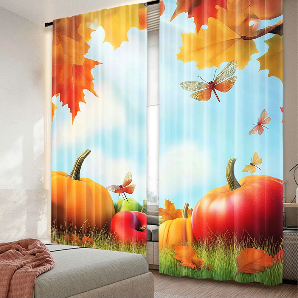 2Pcs Harvest Curtain Fall Season Yield Thanksgiving Image Fallen Leaves Branches Pumpkins Curtain Suitable For Living Room