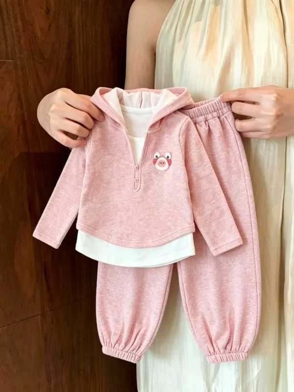 Girls Sporty Hooded Two-Piece Set Autumn Fashionable Children's Mock Two-Piece Top And Pants Stylish Outfit for Little Kids