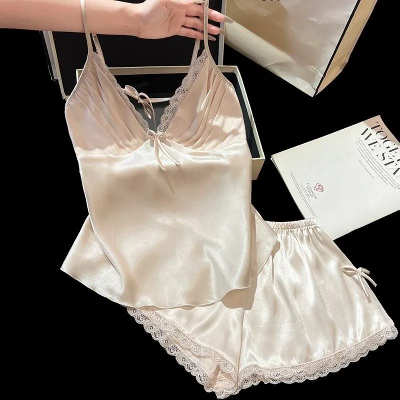 

S-3XL Plus Size Sexy With Padded Pajamas For Women Camisole Shorts Set Beautiful Back Soft Fabric Sleepwear