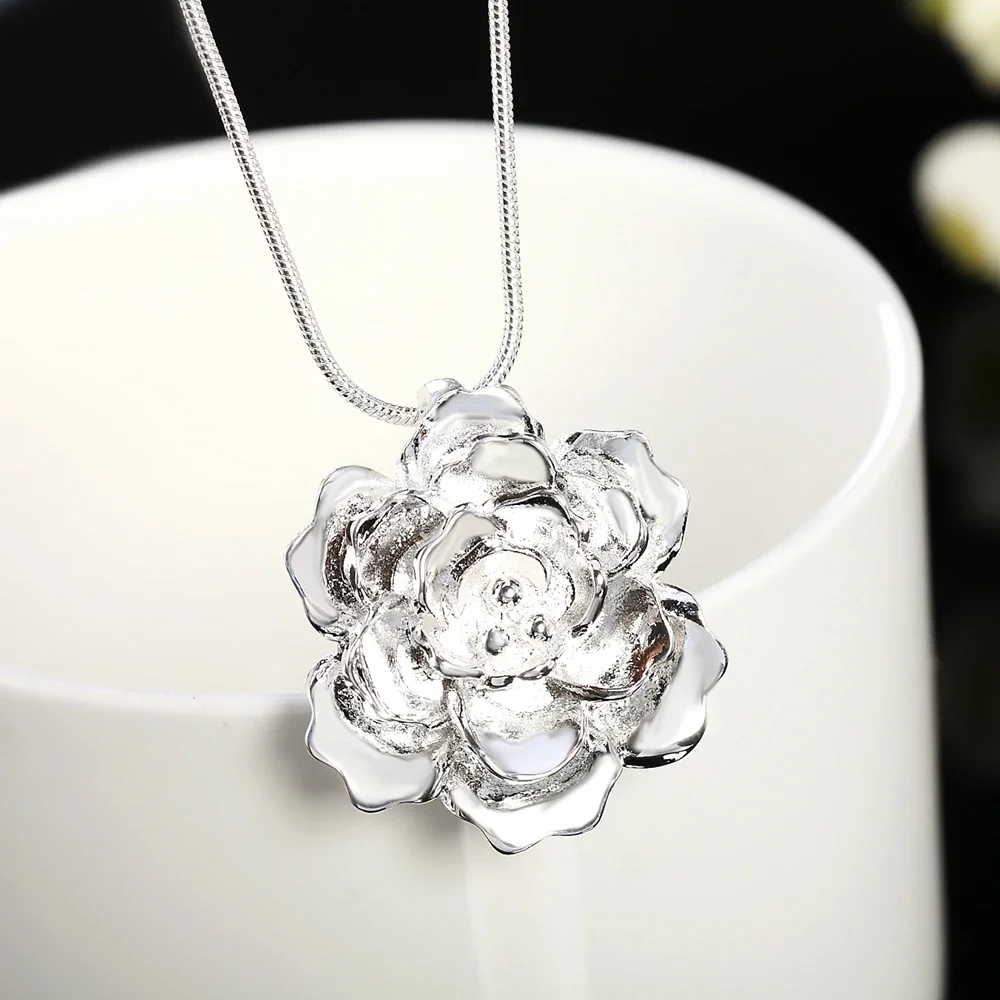 JewelryTop Store 925 Sterling Silver 40-75CM Snake Chain Flower Pendant Necklace for Women Fashion Wedding Charm Jewelry