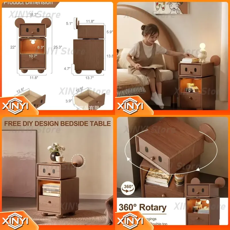 Kids Bedside Table for Children Bedroom Walnut Wood Cartoon Storage Cabinet with Drawers Small Nightstand for Kids Room