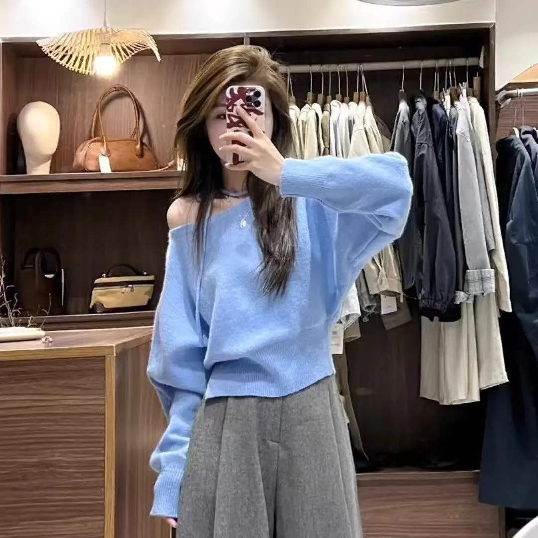 Koreaanse Chic oulder Bared ort Truien vrouwen Losse Luie Overhead Trui Schuine Kraag Herfst Nieuwe Sle Casual Faion