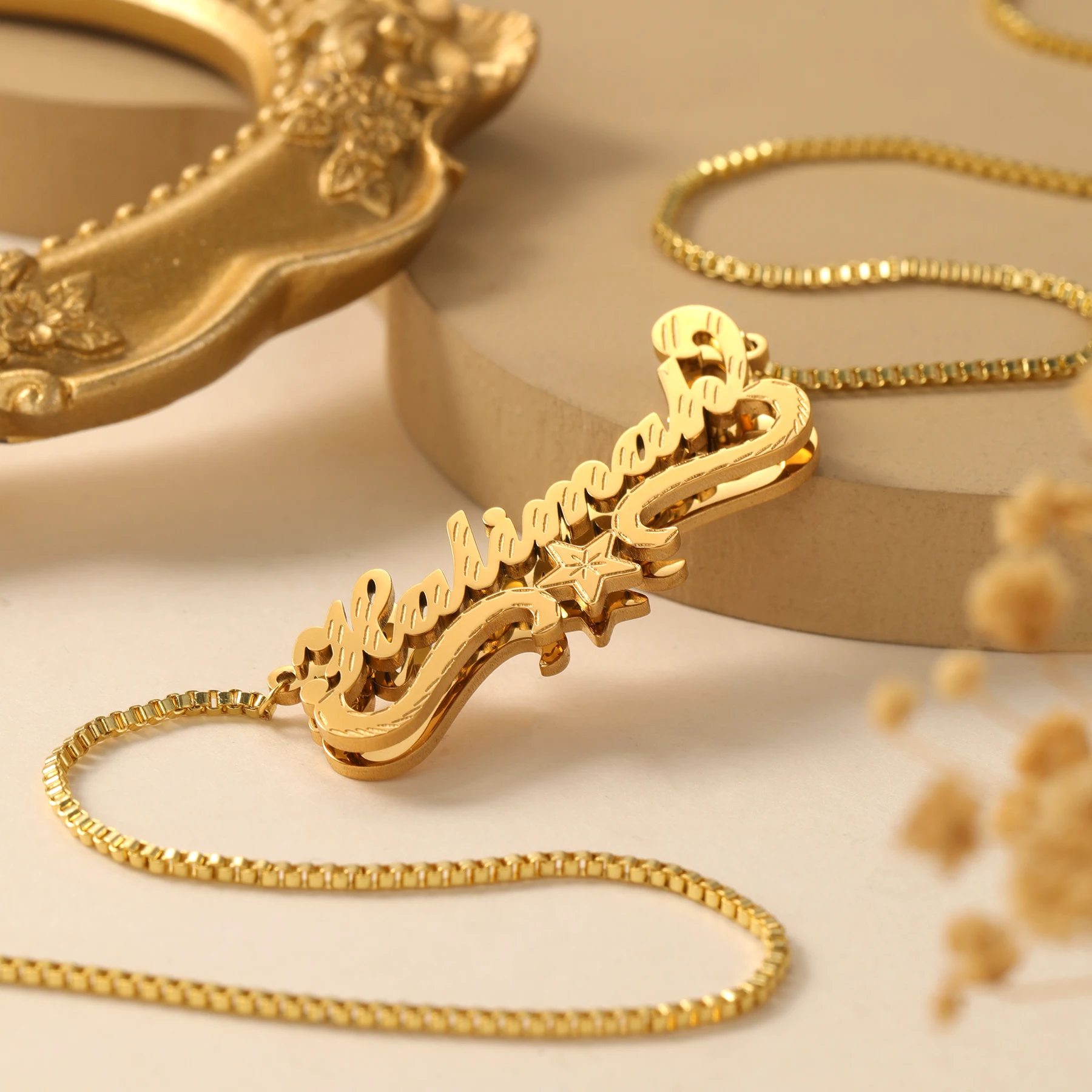 Custom English Name Necklace Wave Five-Pointed Star Etched Diagonal Pattern 18K Gold Plated Stainless Steel Personalized Jewelry