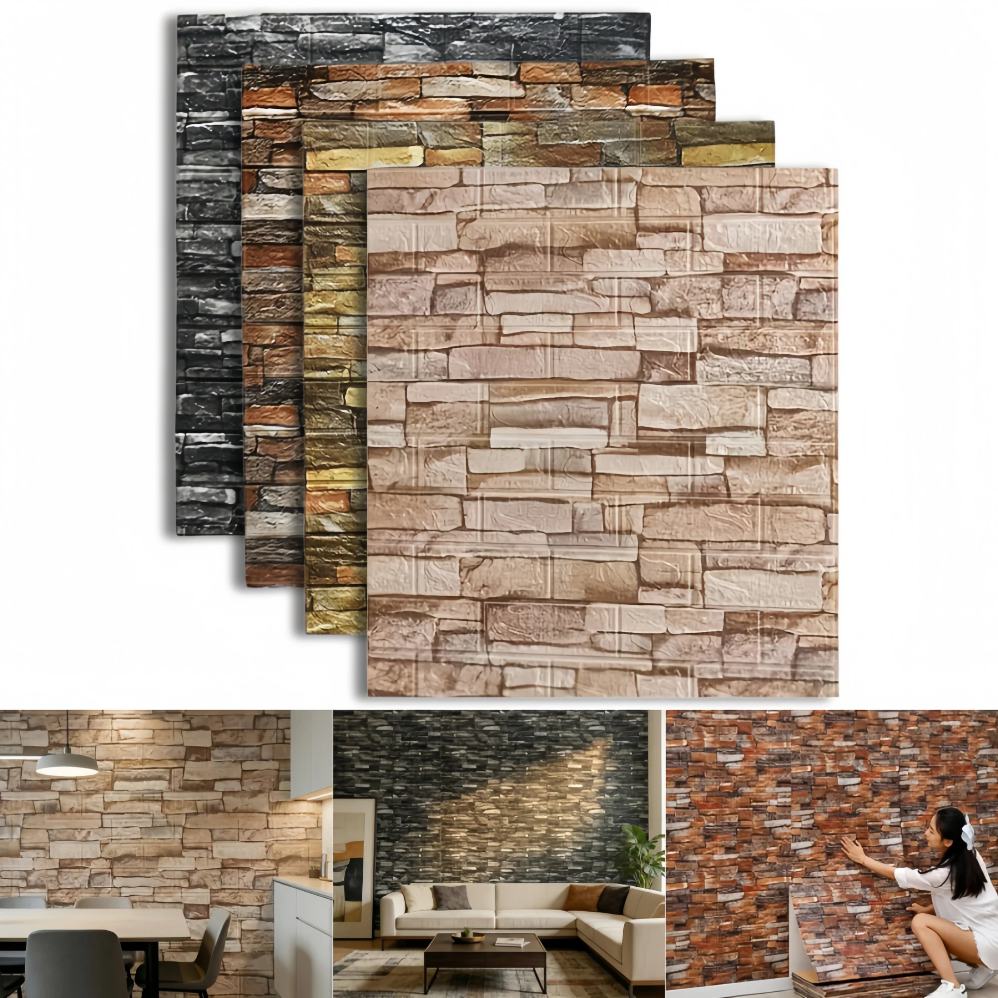 1–10 Stück 3D-Wandaufkleber mit Ziegelmuster, 77 cm x 70 cm, wasserfest, selbstklebend, schmutzabweisend, Raumdekoration im Vintage-Stil