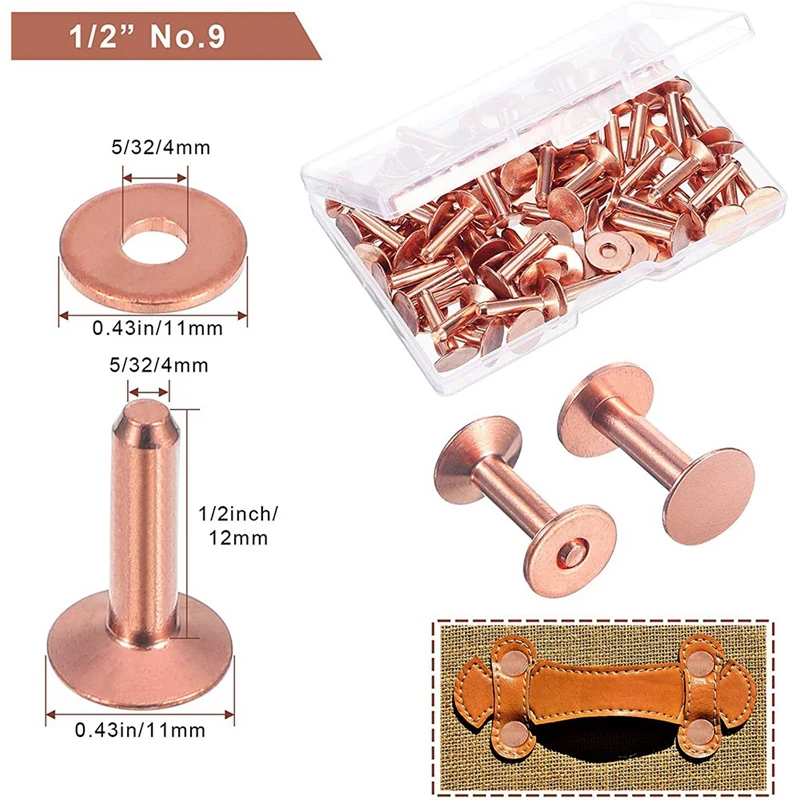 50 Sets Copper Rivets And Burrs, Copper Rivets For Leather For Belts Wallets Collars Leather DIY Craft Supplies