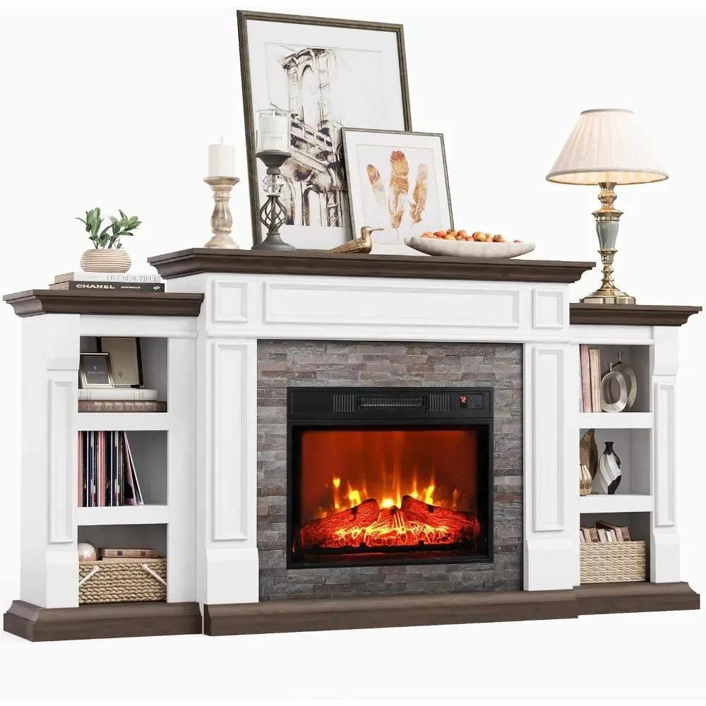 

70" Electric Fireplace with Mantel and Cabinets, Fireplace TV Stand for Living Room Bedroom, Stacked Stone Surround