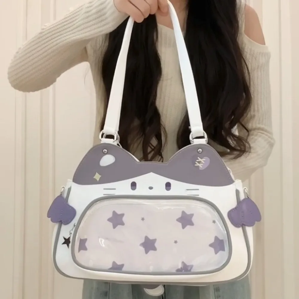 

College Style Versatile Commuting Diagonal Shoulder Bag, Cute Kitten Pain Bag, Transparent Large Capacity Badge Storage Bag New
