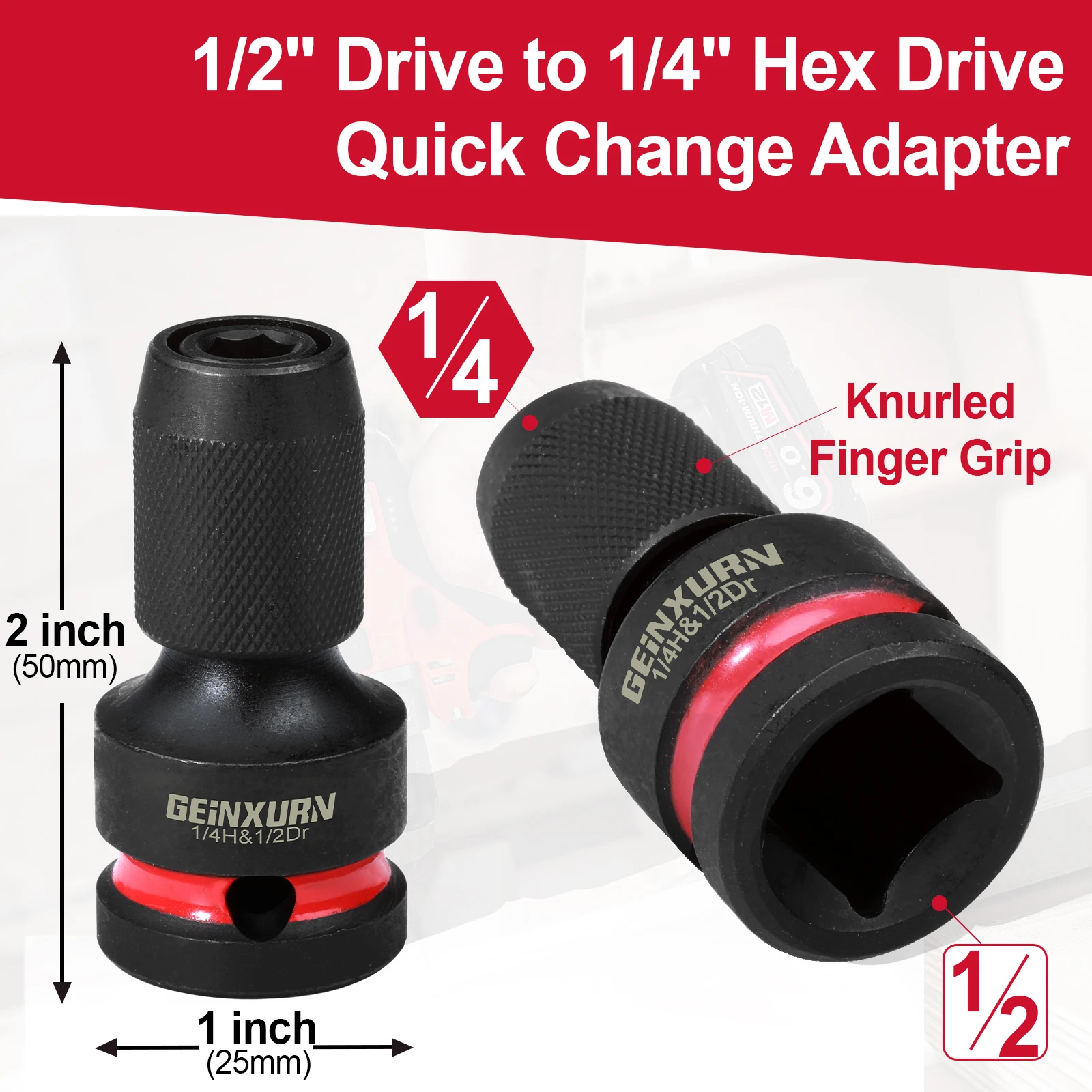 Geinxurn Impact Screwdriver Bit Holders, 1/2-Inch Square Drive to 1/4-Inch Quick Release Hex Socket Adapter with Screwdriver Bit