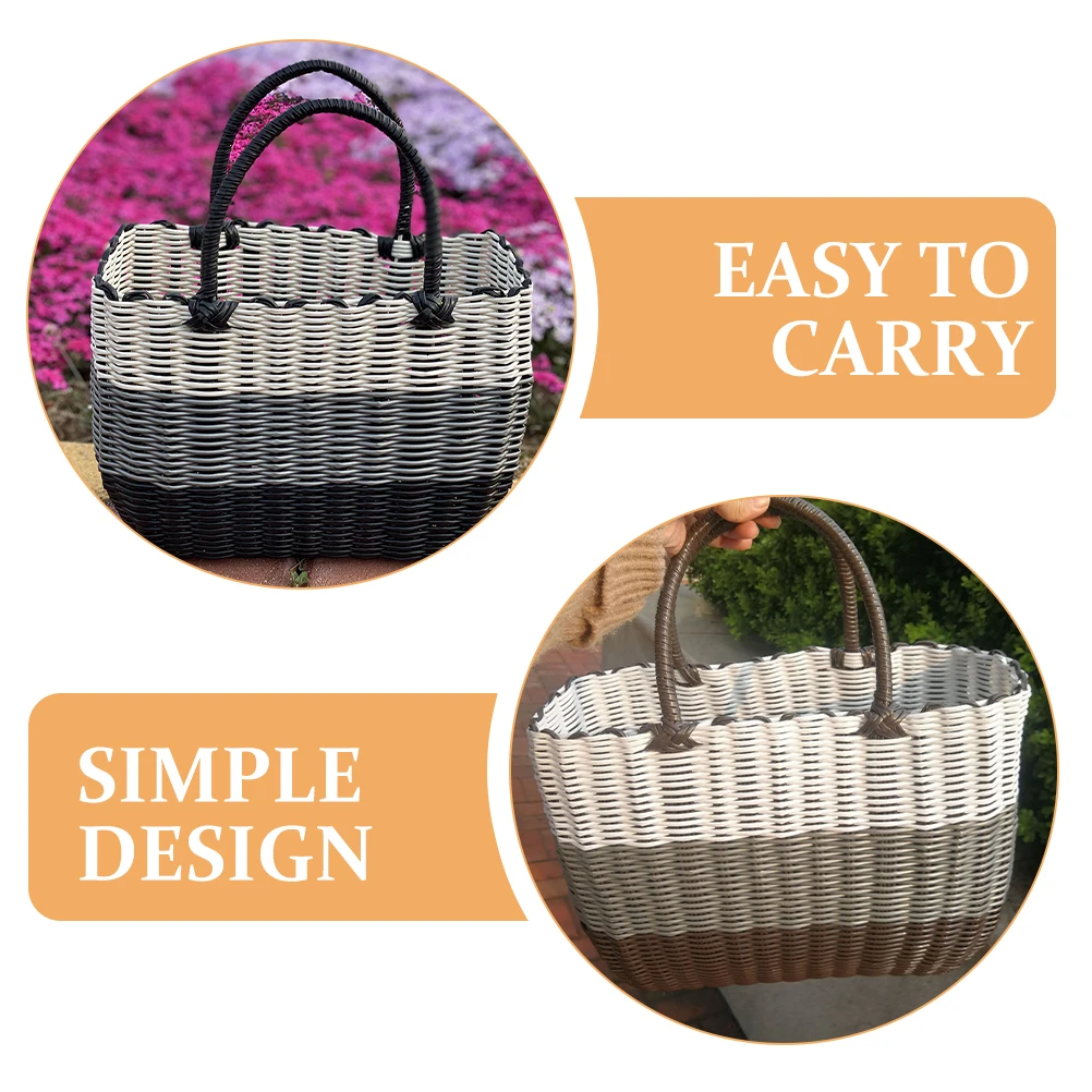 

Hand Knitted Storage Bath Toy Bin Basket Woven Bath Laundry Shopping Plastic Handle Gray White Brown Container