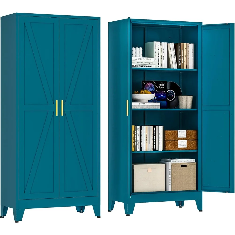 

61" Tall Farmhouse Metal Pantry Cabinet, Kitchen Pantry Storage Cabinets with 2 Barn Doors & Adjustable Shelves for Multiple Roo
