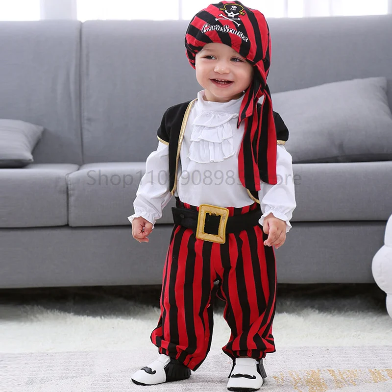 

Junge Pirate Cosplay Performance Costume Holiday Party Stripe Suit bébé Bodysuit enfant Carnival Stage Clothing Set