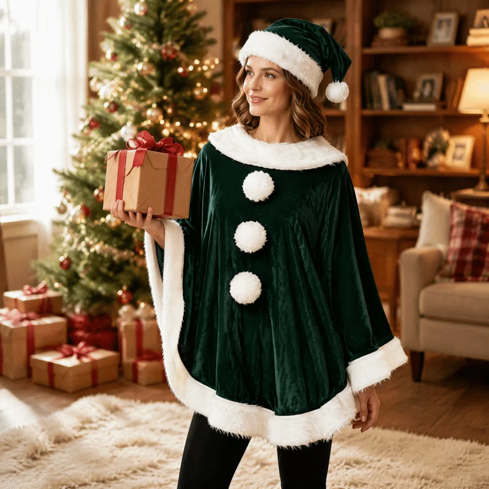 Simple Polyester Christmas Cloak and Hat Thick Warm Xmas Cape Shawl Windproof Santa Claus Costume Christmas Party Costume