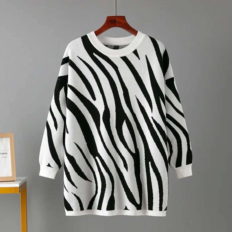 Fashion Zebra Pattern Casual Sweater Women Pullovers Winter New Korean Knit Pullover Sweater O Neck Knit Oversize Sweater Autumn