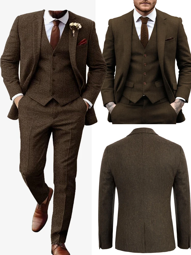 

Men's Suits Tweed Herringbone Slim Fit Business Cauasl Waistcoat Jacket Groomsmen Wedding Suits 3 Pieces （Blazer+vest+Pants）
