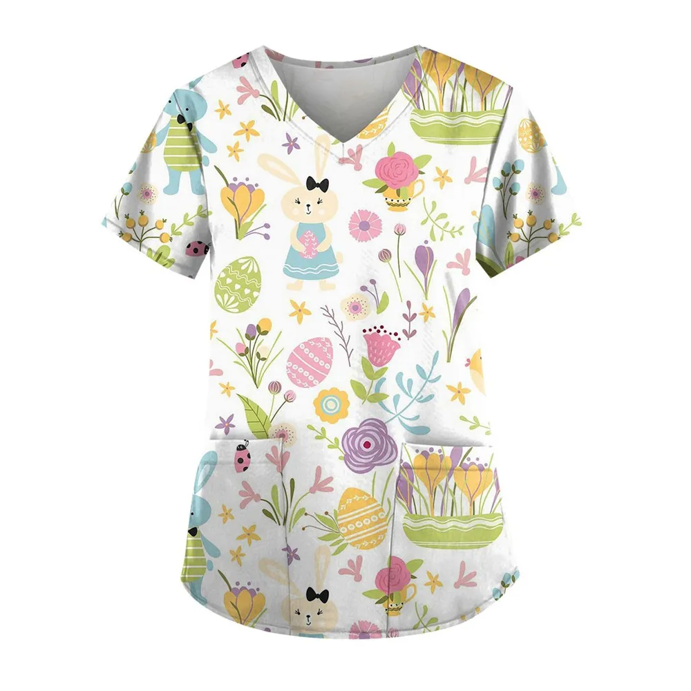 Women's Cartoon Rabbit 3D Print T-shirt Tops V-Neck With Pocket Medical Uniforms Nursing Short Sleeve T-shirt Tops Work Uniform