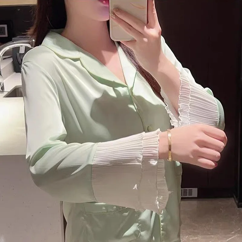 2PCS/Set Ice Silk Pajamas Spring and Summer Lace Edge Sweet Lovely Thin Section Homewear Fashion Soft Simple Solid Loungewear