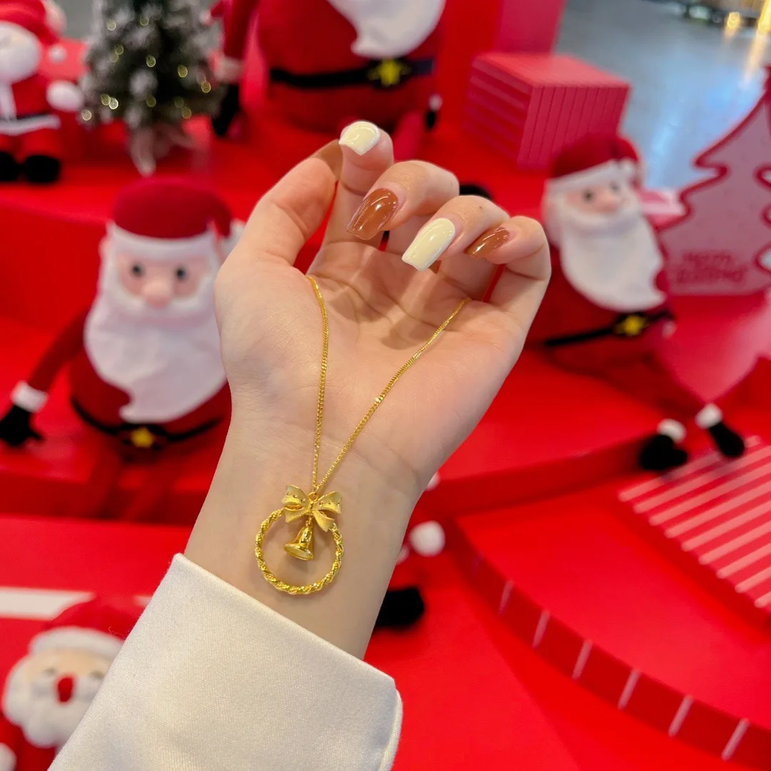 AU9999 Real Gold Bell Bow Necklace Womens Fashionable Temperament 24K Pure Gold Clavicle Chain Valentines Day Gift