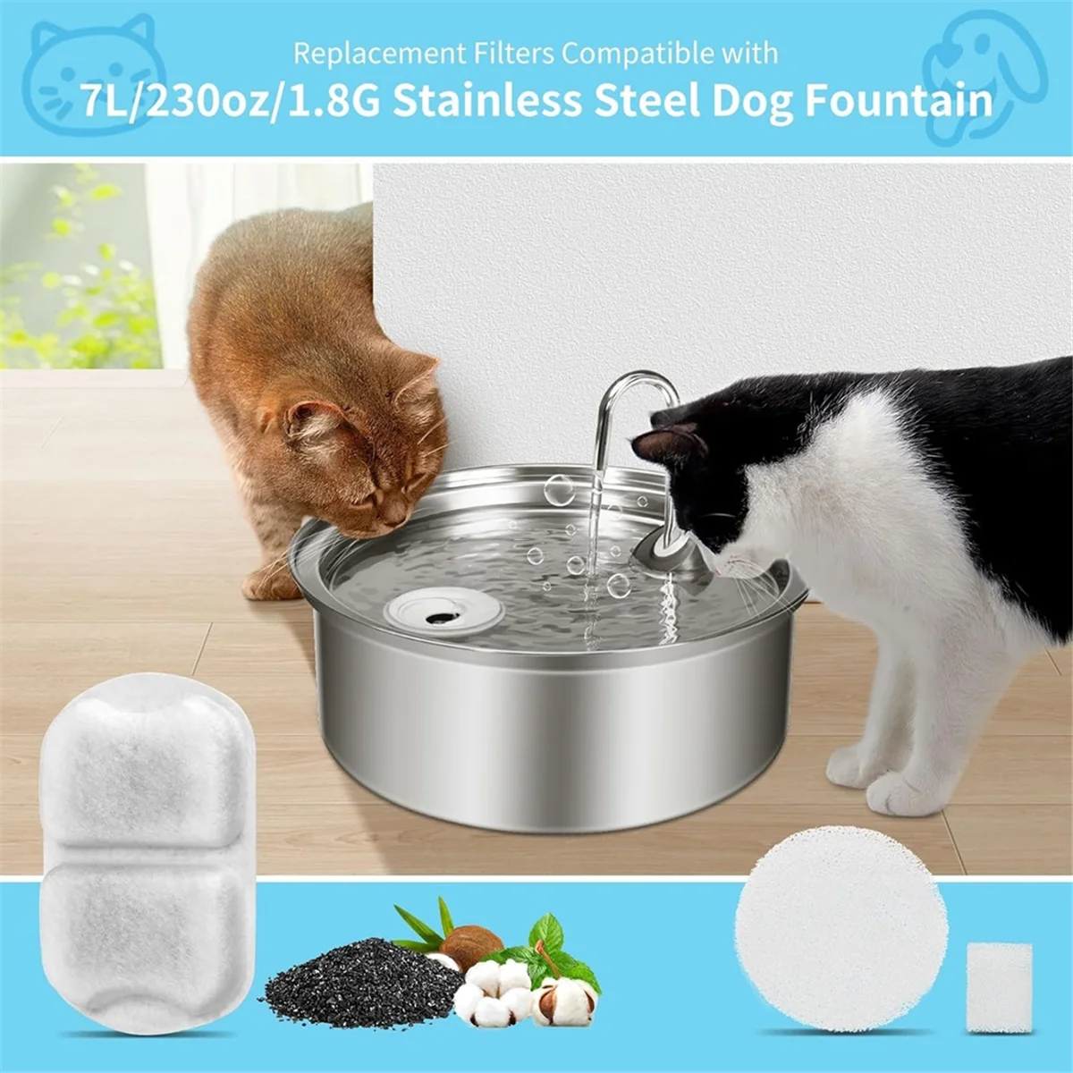 Cat Water Fountain Filters Replacement for 7L/230oz/1.8G Stainless Steel Pet Water Fountain Filters and Sponges 8