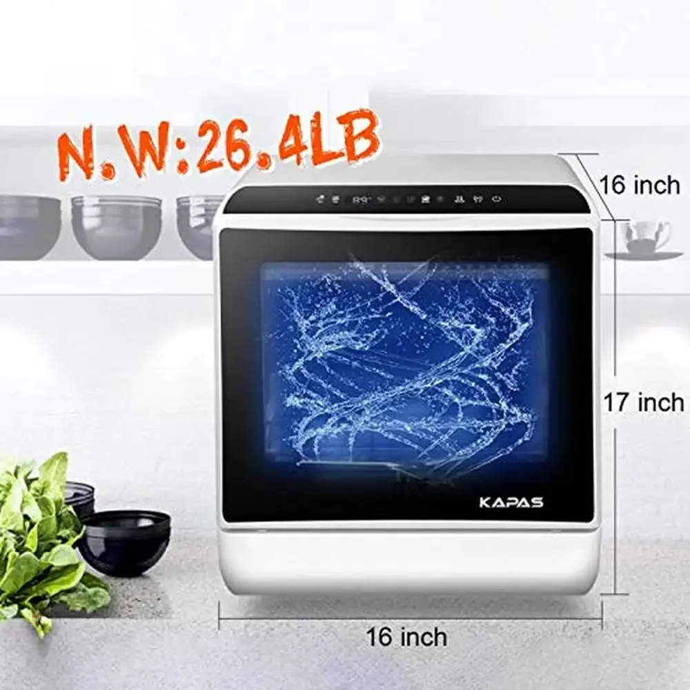 Portable Countertop Dishwasher 5 Programs 3-Cup Water Tank Fruit Veg Basket High Temp Air Dry Lights Function Included LED