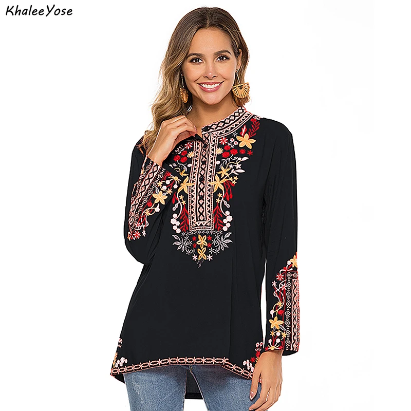 KHALEE YOSE Red Floral Embroidery Blouses Shirt Cotton Spring Boho Mexican Shirt Short Sleeve Women 23xl Ethnic Hippie Shirt top